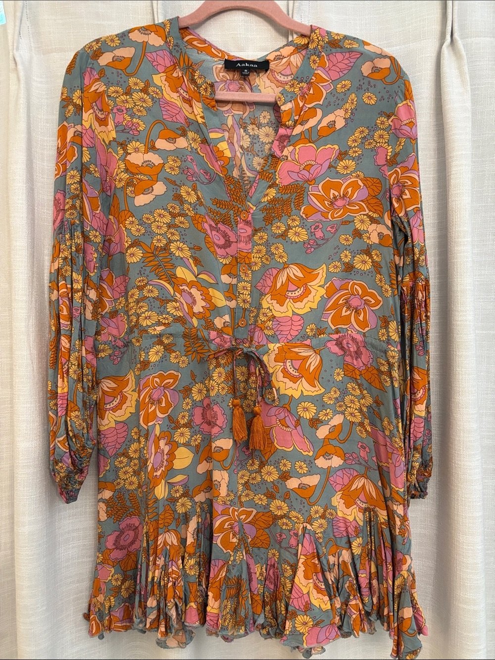 Aakaa Floral Mini Dress in Sage, Orange & Pink